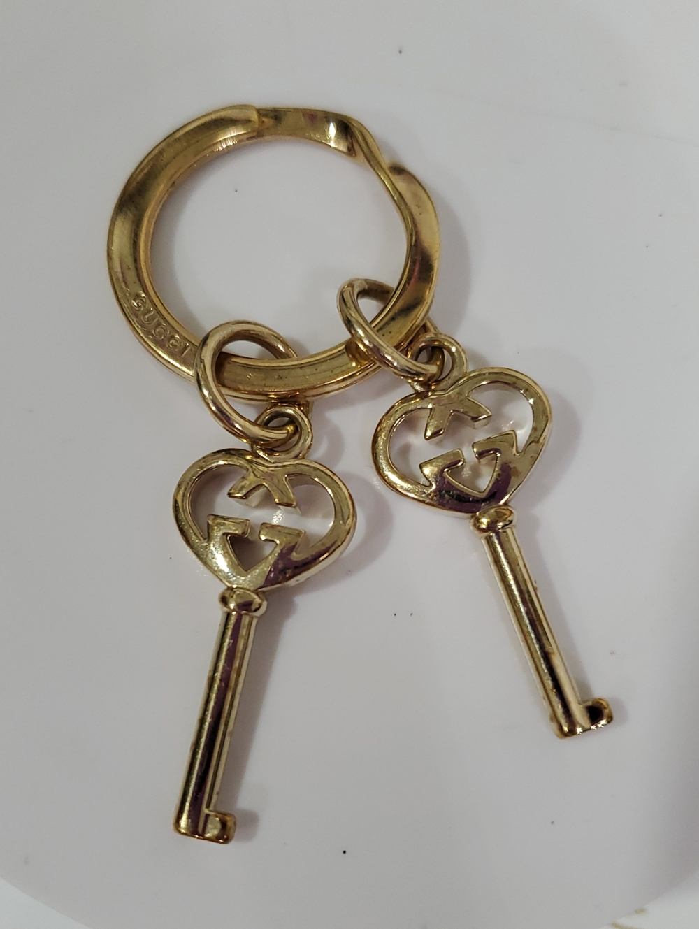 🇮🇹RARE Gucci Gold Tone Double Heart Key Charm Keyring💛